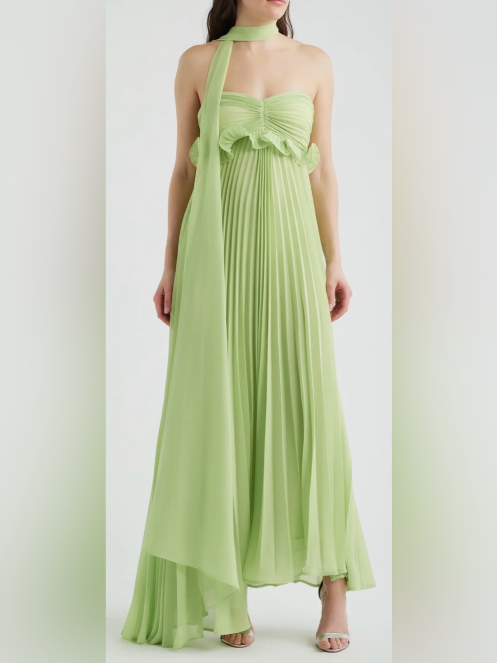 NEW DELFI COLLECTIVE Diana Pleaded Strapless Chiffon Lime Green Dress sz M